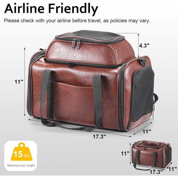 Premium Leather Top Expandable Pet Carrier for Small Dogs & Cats Under 15 lbs, Airline Approved Collapsible Soft-Sided Luxury Travel Bag Coffee