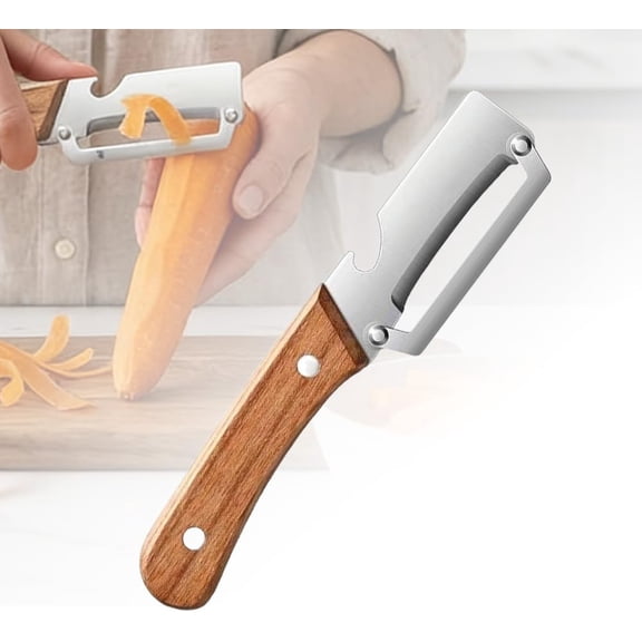 Premium Vegetable Peeler with Wooden Handle and Bottle Opener, 2-in-1 Multi-Functional Stainless Steel Blade Kitchen Tool, Handheld Fruit Peeler for Apple, Potato, Papaya, Carrot, Zucchini, Slicer