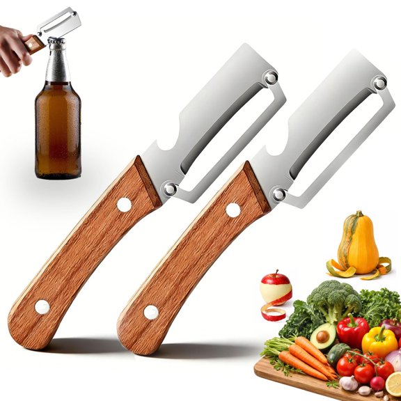 Premium Vegetable Peeler with Wooden Handle and Bottle Opener Functional Stainless Steel Blade Kitchen Tool For Fruits Potato Pumpkin Papaya