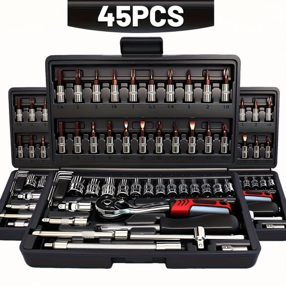 Premium Vehicle & Motorbike Repair Tool Kit, 45 Pieces Set, 1/4 Inch Drive Deep & Standard Wrench, Racing Grade Ratchet Wrench, Complete Hand Tool Set for Auto and Motorcycle Maintenance