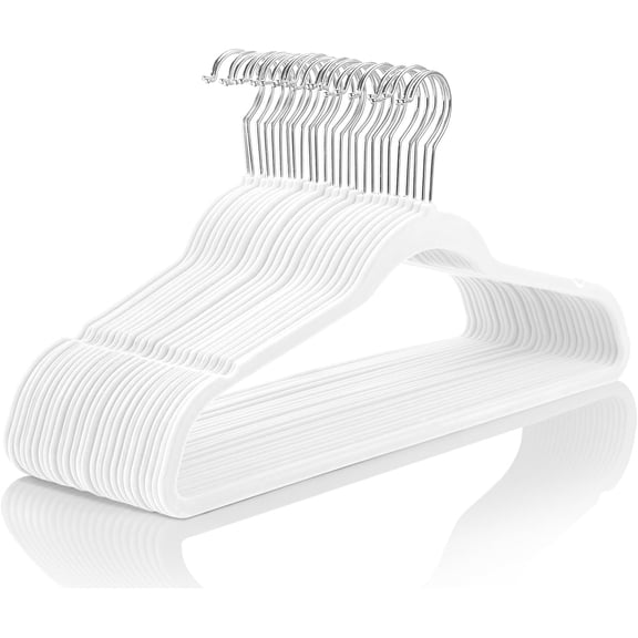 Premium Velvet Hangers (60 Pack) Heavy Duty - Non Slip Felt Suit White Chrome Hooks,Space Saving Clothes White/Silver