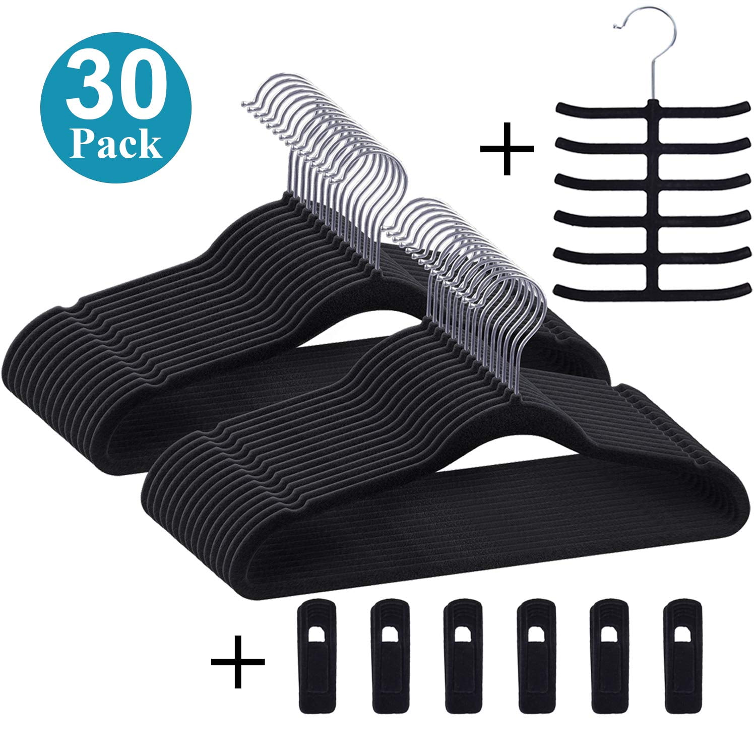 Basics Slim Velvet, Non-Slip Suit Clothes Hangers, Pack of 30,  Black/Silver