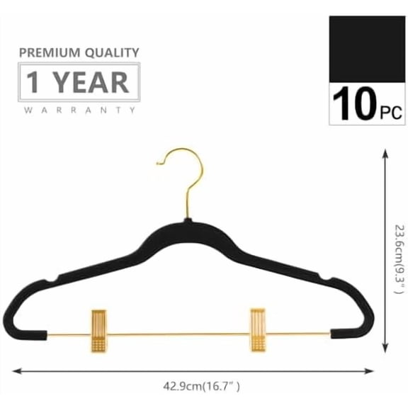 Premium Velvet Pants Hangers with Adjustable Clips (Pack of 10) Slim Skirt Hangers- Non Slip Felt Outfit Dress Hangers Black - Gold Hooks,Space Saving Shirt Clothes Hangers