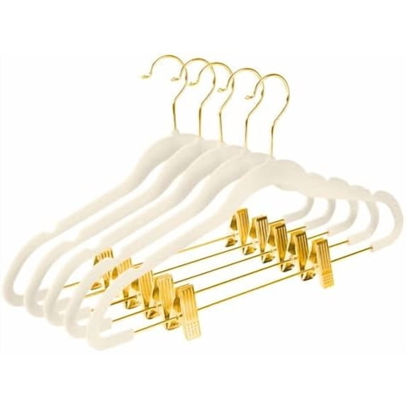 Premium Velvet Pants Hangers with Adjustable Clips (Pack of 10) Slim Skirt Hangers- Non Slip Felt Outfit Dress Hangers Ivory - Gold Hooks,Space Saving Shirt Clothes Hangers