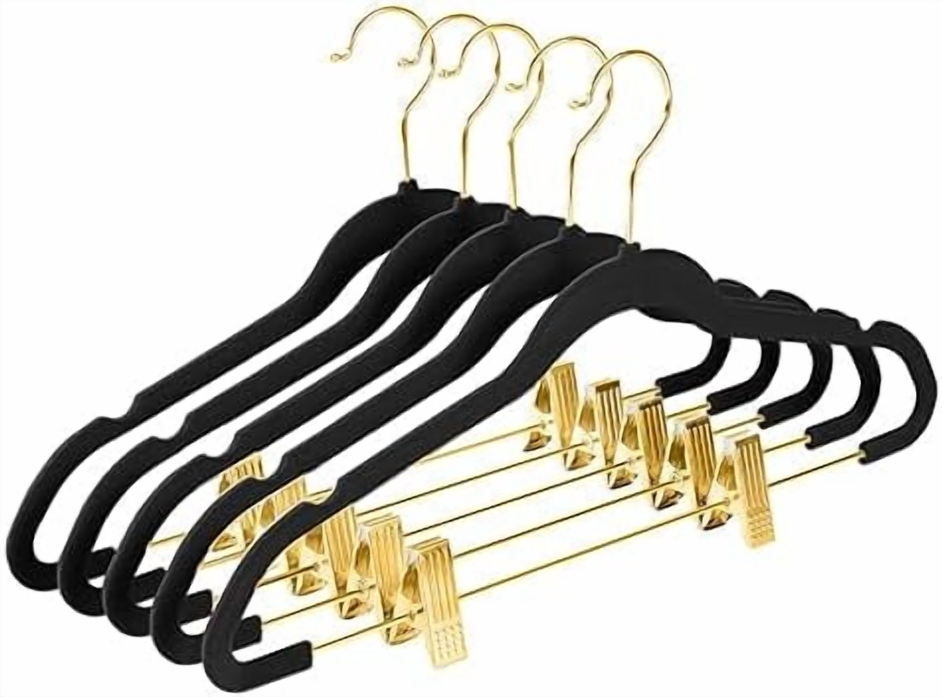 Premium Velvet Pants Hangers with Adjustable Clips (Pack of 20) Slim Skirt Hangers- Non Slip Felt Outfit Dress Hangers Black - Gold Hooks,Space Saving Shirt Clothes Hangers