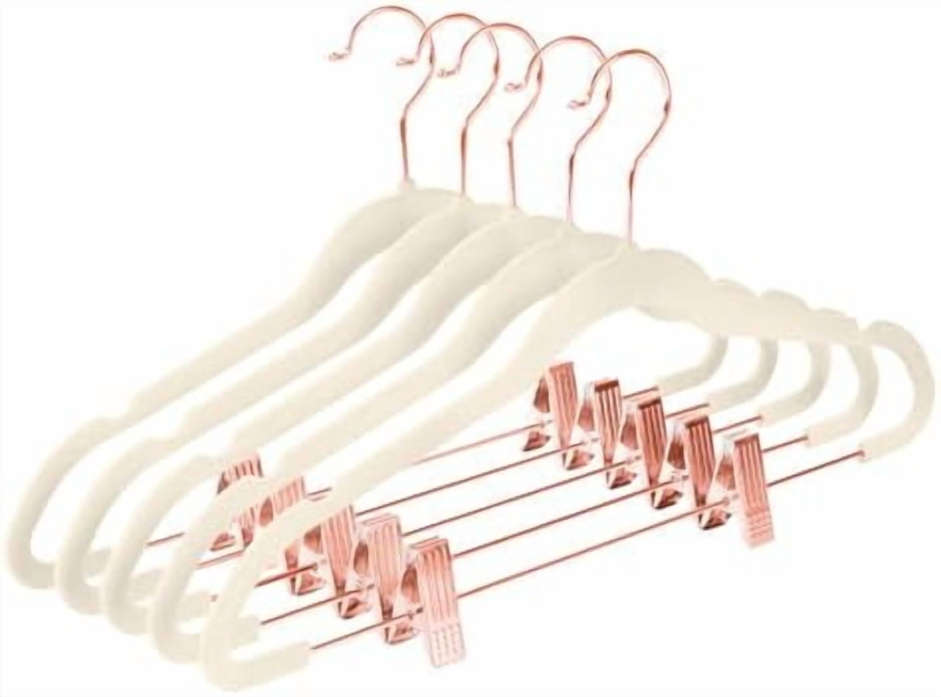 Premium Velvet Pants Hangers with Clips (Pack of 10) Slim Skirt Hangers- Non Slip Felt Outfit Dress Hangers Ivory - Copper/Rose Gold Hooks,Space Saving Shirt Clothes Hangers