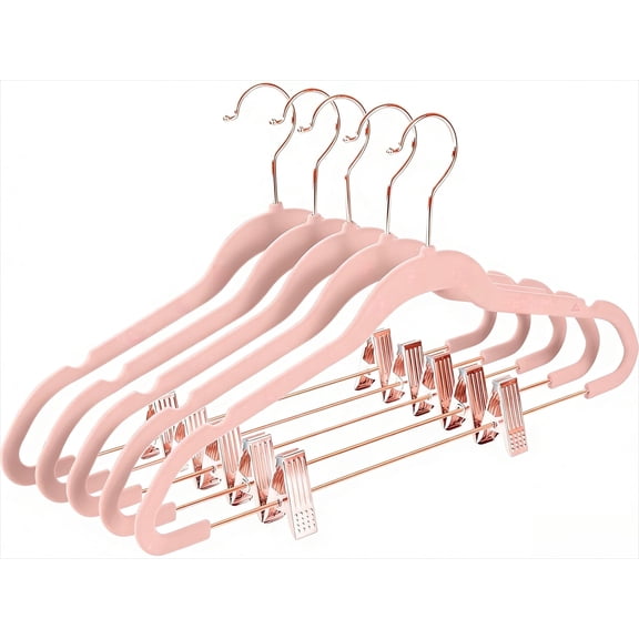 Premium Velvet Pants & Skirt Hangers with Clips, Non-Slip Felt - 10 Pack Slim Space Saving Clothes Hangers for Dresses & Shirts, Blush Pink with Rose Gold Hooks