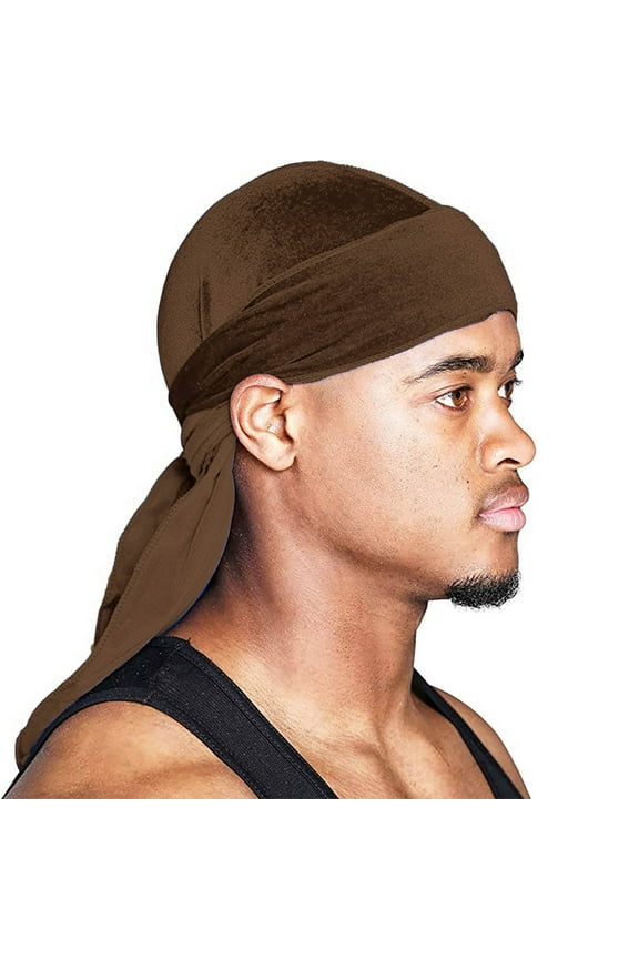 Premium Velvet for Men and Women, Extra Long Tail Wave Cap, Hip Hop Oversized Bandana Headwrap, Luxury Velvet Hair Bonnet Coffee
