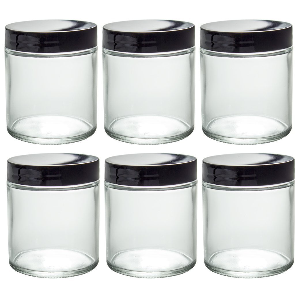 Premium Vials 8 oz Clear Glass Canning Jars with Black Lids (12 Count)
