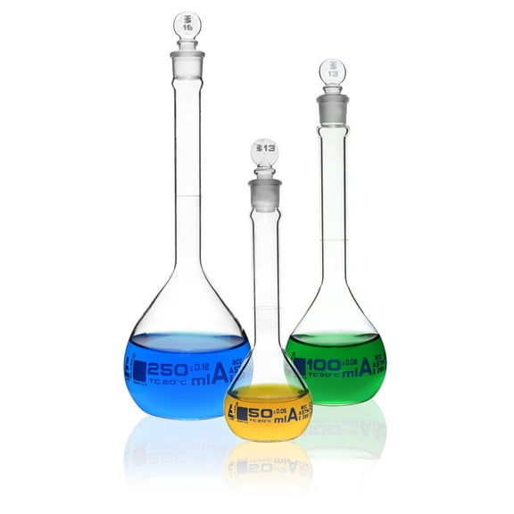 Premium Volumetric Flask Set - 50ml, 100ml & 250ml - Class A, ASTM E288 - Superior Durability & Chemical Resistance - Glass Penny Stoppers - Borosilicate 3.3 Glass - Eisco Labs