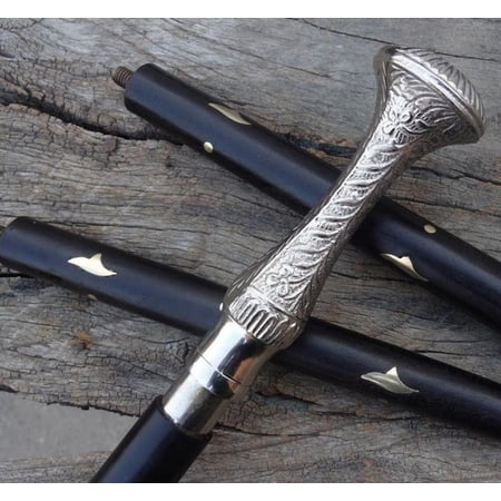 Premium Walking Stick Beautiful Nickle Plated Solid Brass Handle Walking Cane Black Inlayed Shaft & Crutches Buffed Polished Cane for Men & Women