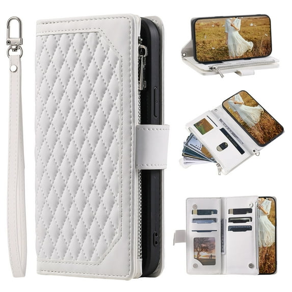 Premium Wallet Case for Samsung Galaxy A36 5G, Card Holder Lanyard & Crossbody Strap Zipper Pocket Kickstand Heavy Duty Protection Case Cover for Samsung Galaxy A36 5G, White