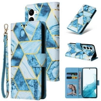 Premium Wallet Case for Samsung Galaxy S23 Plus, Marble Pattern PU Leather Soft Silicone Shockproof Wrist Strap Handbag Flip Cover with Magnetic Clasp Card Slots Holder Kickstand Case, Blue