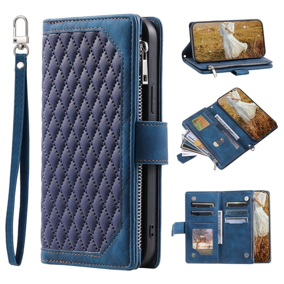 Premium Wallet Case for Samsung Galaxy S24 FE, Card Holder Lanyard & Crossbody Strap Zipper Pocket Kickstand Heavy Duty Protection Case Cover for Samsung Galaxy S24 FE, Blue