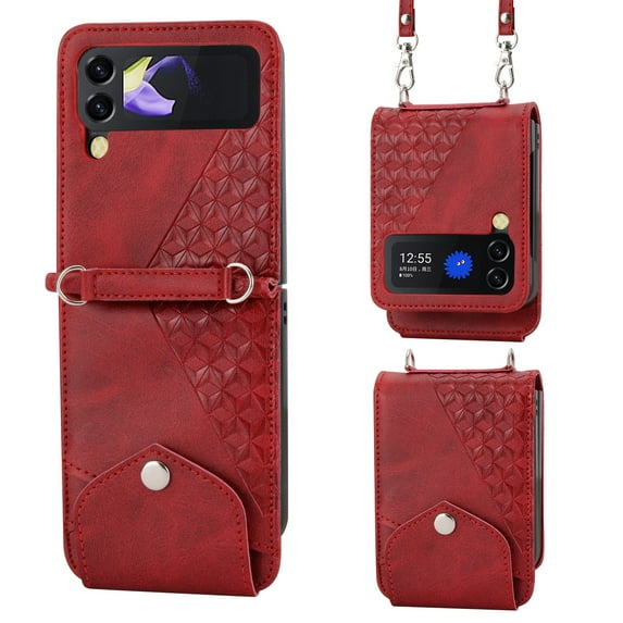 Premium Wallet Case for Samsung Galaxy Z Flip 4 5G (2022), Allytech Flip Foldable Magnetic Card Slots Crossbody Case with Detachable Shoulder Strap for Samsung Z Flip4/Galaxy Z Flip4 6.7", Red