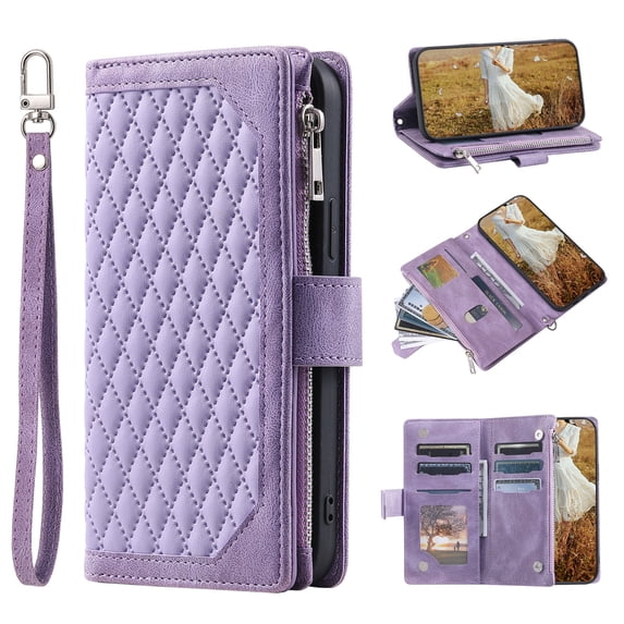 Premium Wallet Case for iPhone 16 Plus, Card Holder Lanyard & Crossbody Strap Zipper Pocket Kickstand Heavy Duty Protection Case Cover for iPhone 16 Plus, Purple