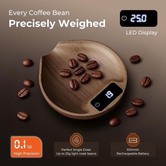 Premium Walnut Coffee Bean Scale - VABICA Handcrafted Espresso Scale with 0.1g Precision & USB-C Charging, Portable Mini Scale for Coffee Beans & Dosing, Perfect Coffee Lover Gift