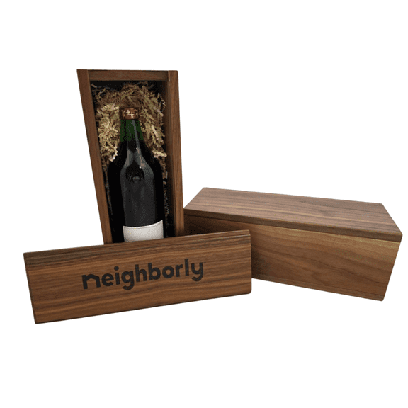 Premium Walnut Wine Gift Box. 5 Inch x 5 Inch x 10 Inch beautifully crafted wooden box features the word Neighborly engraved on the front, adding a touch of elegance and warmth.