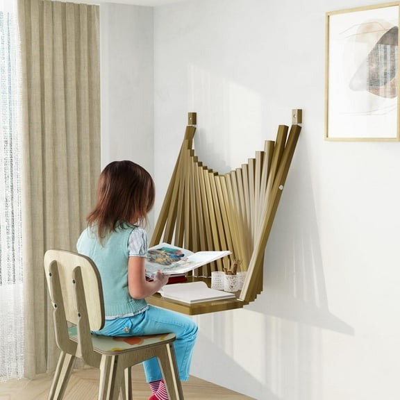 Wall Mounted Folding Desk with Safety Latch, Walnut Wood