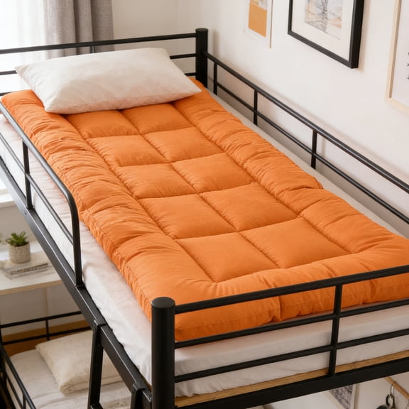 Premium Washable Student Mattress Topper – Thickened Soft Fiber Bed Pad for Dorms & Single Beds – Breathable, Foldable & Hypoallergenic Sleeping Mat,Orange
