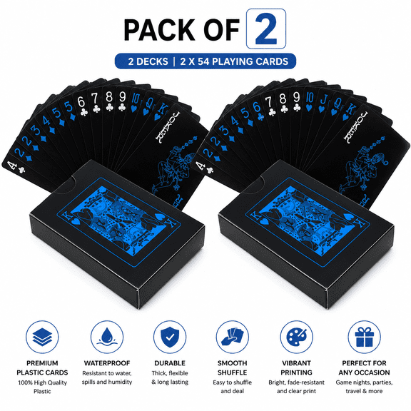 Premium Waterproof Plastic Playing Cards - Pack of 2 Decks (54 Cards Each) - Durable Poker Size Playing Cards for Poker, Rummy, Blackjack, Magic Tricks, Family Game Nights & Travel