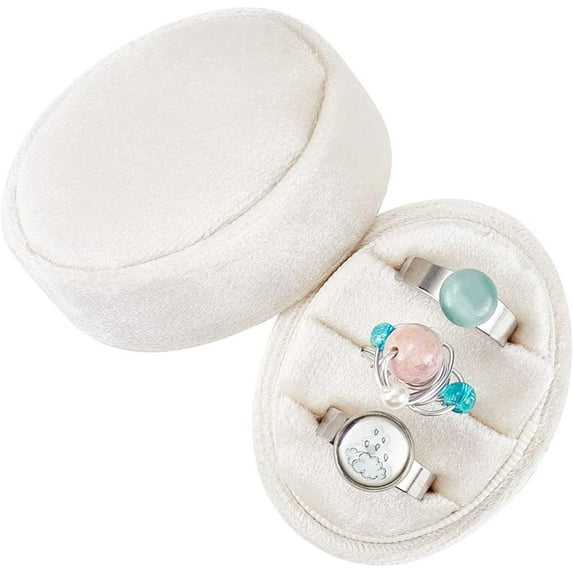Premium Wedding Three Rings Holder Italian Velvet Display Box Oval Ring Box 3 Slots Vintage Handmade Storage Jewelry Organizer Ceremony Christmas (Beige) Floral White