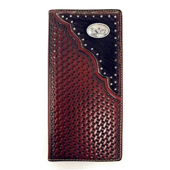 Premium Western Genuine Woven Leather Cow Fur Praying Cowboy Mens Bifold Wallet In Multi Color