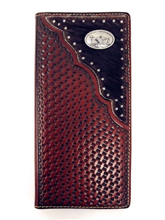 Premium Western Genuine Woven Leather Cow Fur Praying Cowboy Mens Bifold Wallet In Multi Color