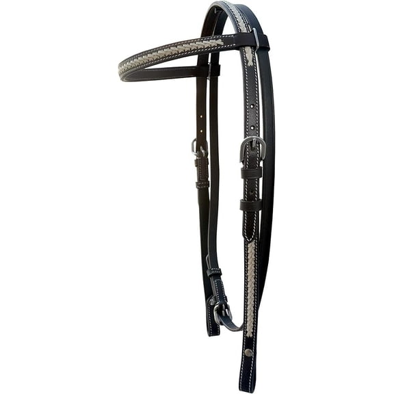 Premium Western Headstall Bridle: Hand-Braided White Rawhide Weaving, Straight Brow Band, Black Leather Equestrian Gear