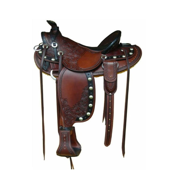 Premium Western Leather Saddle | Hand Tooled Design, Silver Conchos, Trail & Ranch Riding