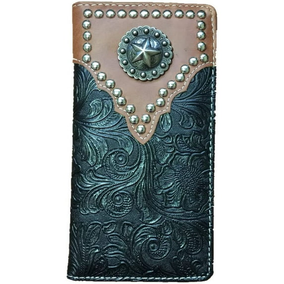 Premium Western Men's Faux Leather Ostrich/Crocodile Metal Star Emblem Tooled Long Wallet checkbook in Multi-color