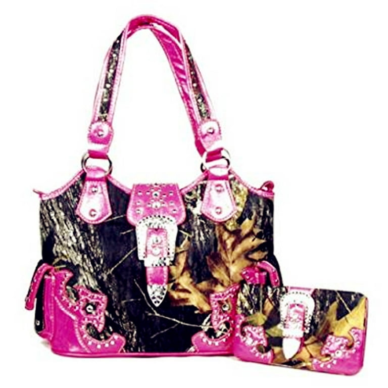 Texas West Premium Western Rhinestone Camouflage Large Purse Belt Buckle Handbag with Matching Wallet Women s Size Medium Pink