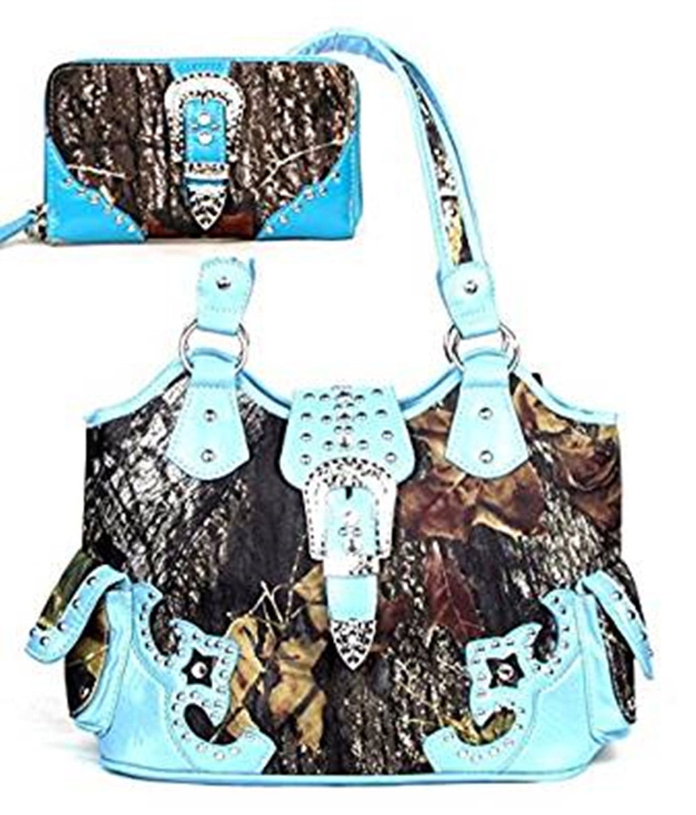 Premium Western Rhinestone Camouflage Large Purse Belt Buckle Handbag With Matching Wallet