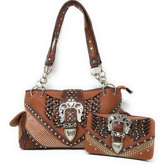 Premium Western Rhinestone Studded Angel Wings Buckle Shoulder Handbag Purse With Matching Wallet In Multi Color