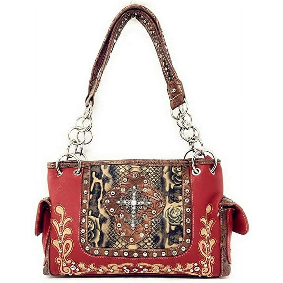 Premium Western Rhinestone Suede Leather Womens Handbag Purse With Cross In Multi Colors