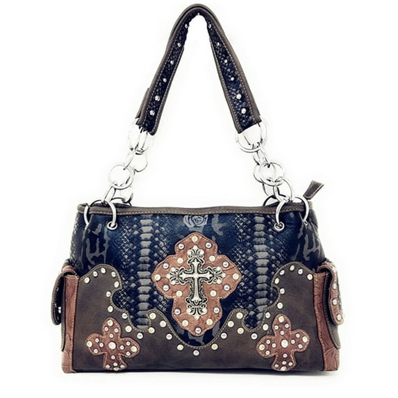 Premium Western Rhinestone Suede Leather Womens Handbag Purse With Cross In Multi Colors