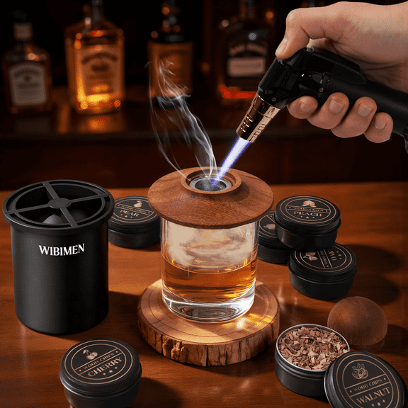 Premium Whiskey Smoker Kit with Crystal Clear Ice Ball Maker, 6 Wood Chip Flavors, Manual Butane Torch, Old Fashioned Cocktail Smoker Set for Bourbon & Gifts