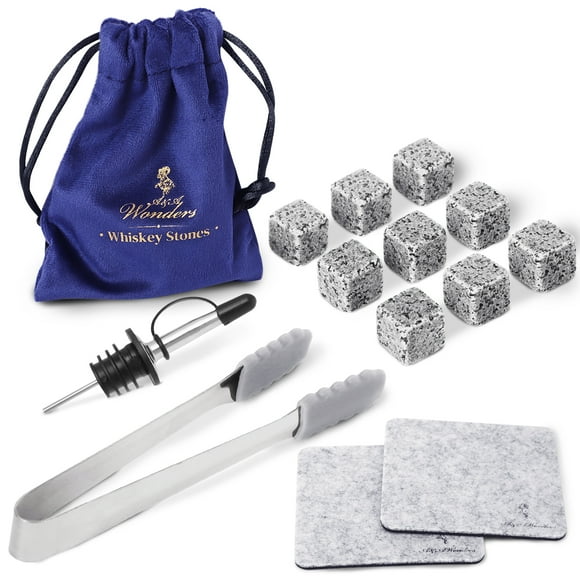 Premium Whiskey Stones 100% Natural Granite Set Of 9 Chilling Rocks Stone Reusable Ice Cubes For Drinks With Velvet Carrying Pouch, Grey, By AA Wonders