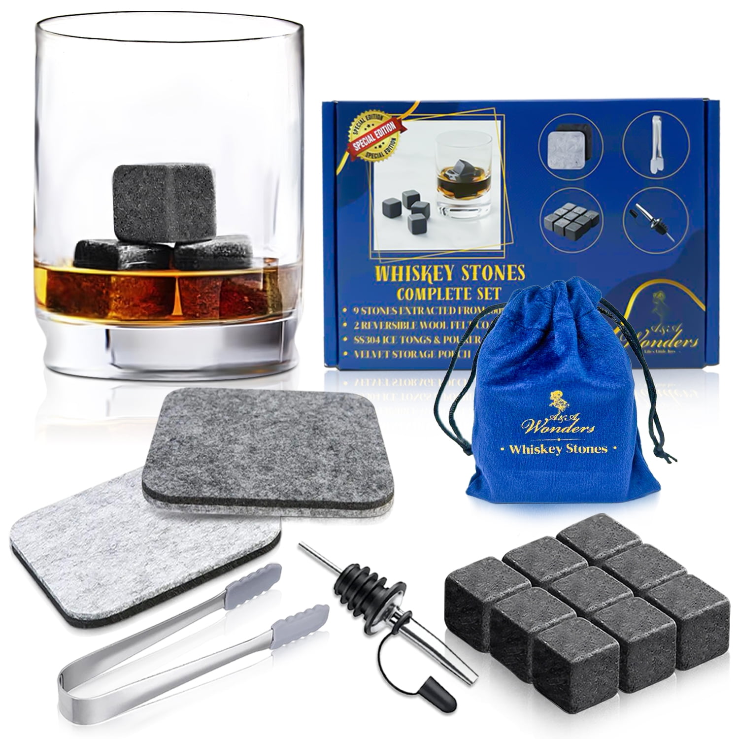 Gray Granite Whiskey Stones Set with Velvet Pouch and Coasters