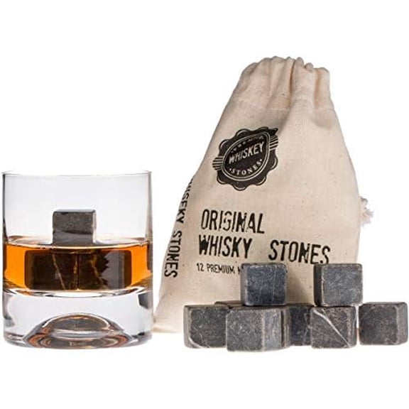 Premium Whiskey Stones Gift Set with 12 Pcs Stones and Bag. Whiskey, Bourbon, Cognac, Scotch,Gin, Wine Beverage. Marble Reusable Ice Cubes. Birthday Gift for Whiskey Lovers. (Dark Grey)$$