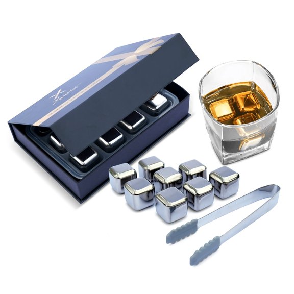 Premium Whiskey Stones Gift Set 8-Piece Stainless Steel Whiskey Rocks Including Tong, Storage Tray, and Gift Box - Reusable Whisky Metal Ice Cubes Ideal Gift for Men