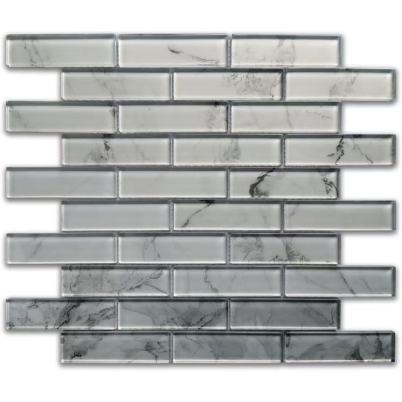 Premium White Carrara Stone Look Glass Backsplash Tile for Kitchen, Interlocking Strip Wall Tile for Bathroom and Fireplace (Pack of 5 Sheets)