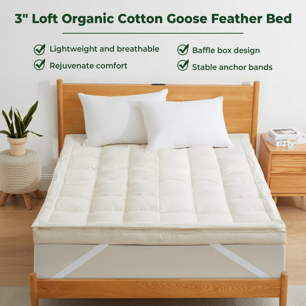 Premium White Goose Feather Mattress Topper, 3" Soft Feather Bed, 300