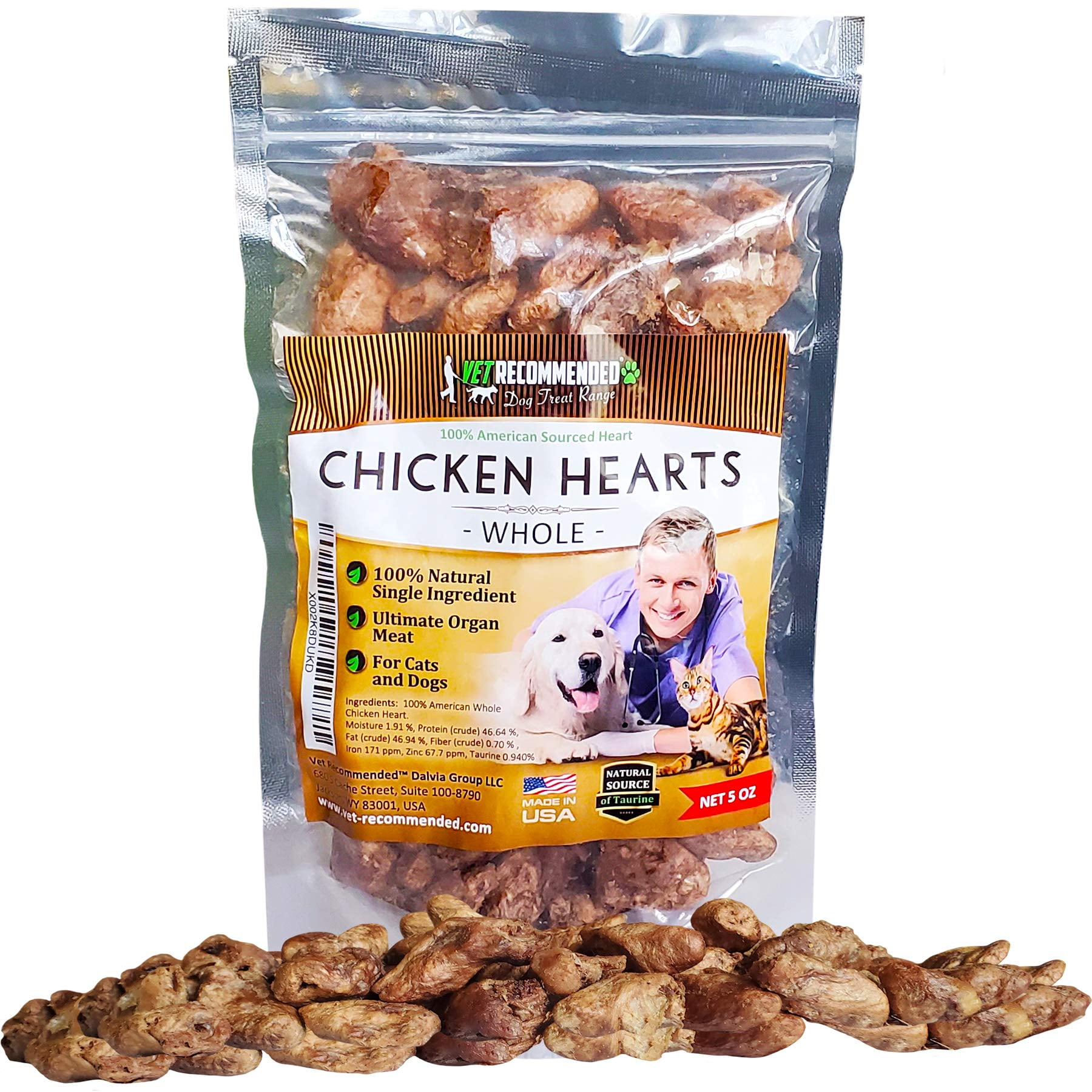 Premium Whole Chicken Hearts for Dogs and Cats (5oz Bag), Freeze Dried Natural Dog Treats