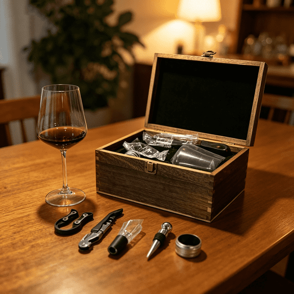 5-Piece Wine Accessory Set, 14 oz with Wooden Storage Box, Wine Glass, Opener, Pourer, Stopper and Foil Cutter