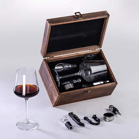 Premium Wine Accessory Gift Set with Wooden Box, 14 oz Glass, Opener, Pourer, Stopper & Foil Cutter - Complete Tool Kit for Gifts