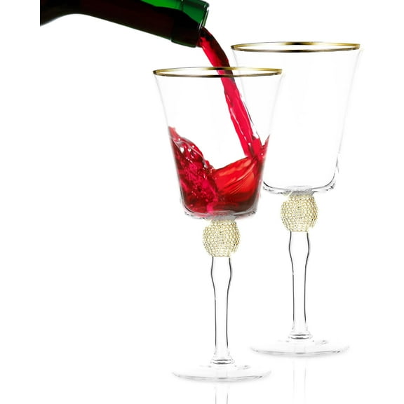 Premium Wine Glasses Set of 2 - Crystal Long Stem Wine Glass Goblet with Gold Rim & Rhinestone Design - 14.7 oz