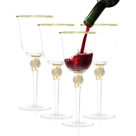 Premium Wine Glasses Set of 4 - Crystal Long Stem Wine Glass with Gold Rim & Rhinestone Design - 18 oz