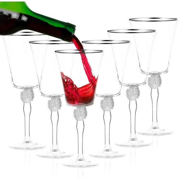 Premium Wine Glasses Set of 6 - Crystal Long Stem Wine Glass Goblet with Silver Rim & Rhinestone Design - 14.7 oz