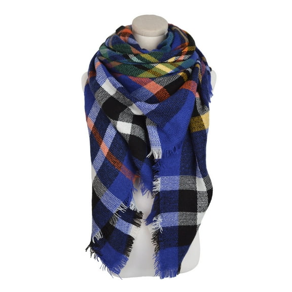 Premium Winter Large Knit Plaid Checked Square Blanket Scarf Shawl Wrap, Blue